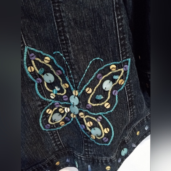 Alfred Dunner Blue Jean Jacket with 3/4 sleeve size 16 embroidered butterflies - Picture 4 of 11